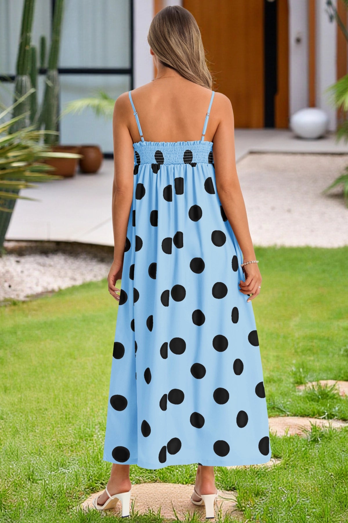 Wenrine Womens Sky Blue Polka Dot Spaghetti Strap Smocked Maxi Dress
