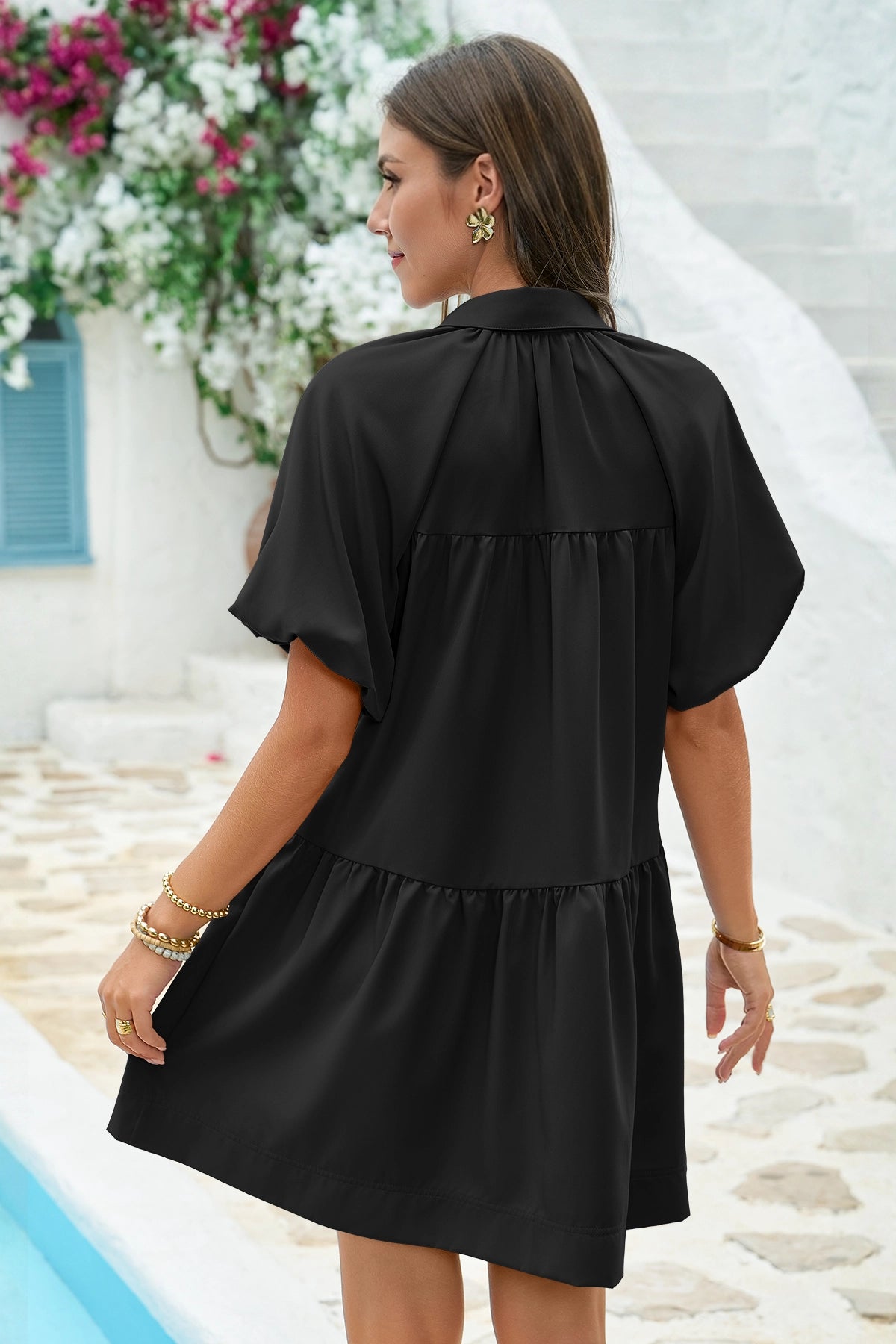 Wenrine Women's Black Flowy Button Down Shirt Dress