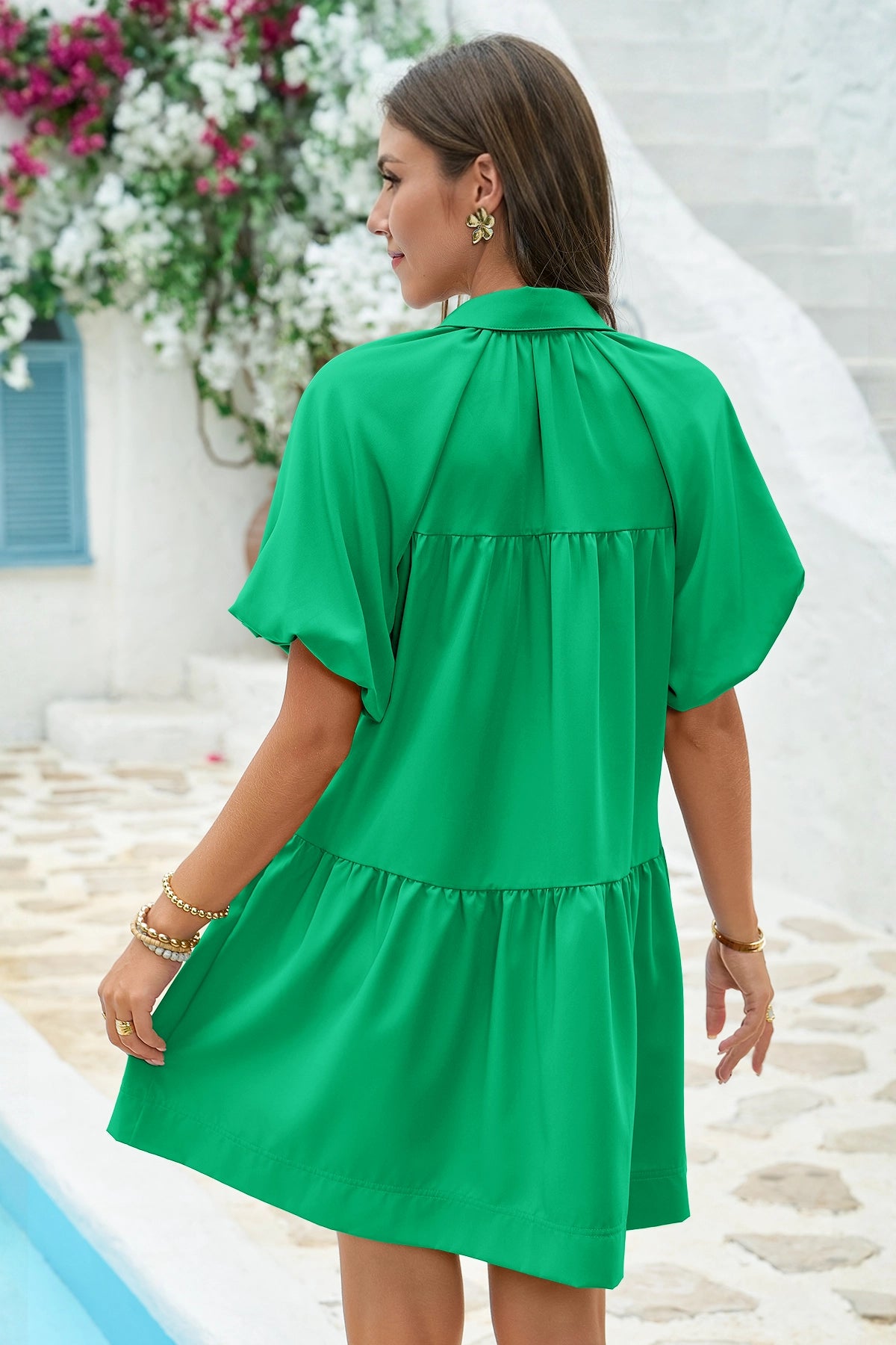 Wenrine Women's Green Flowy Button Down Shirt Dress