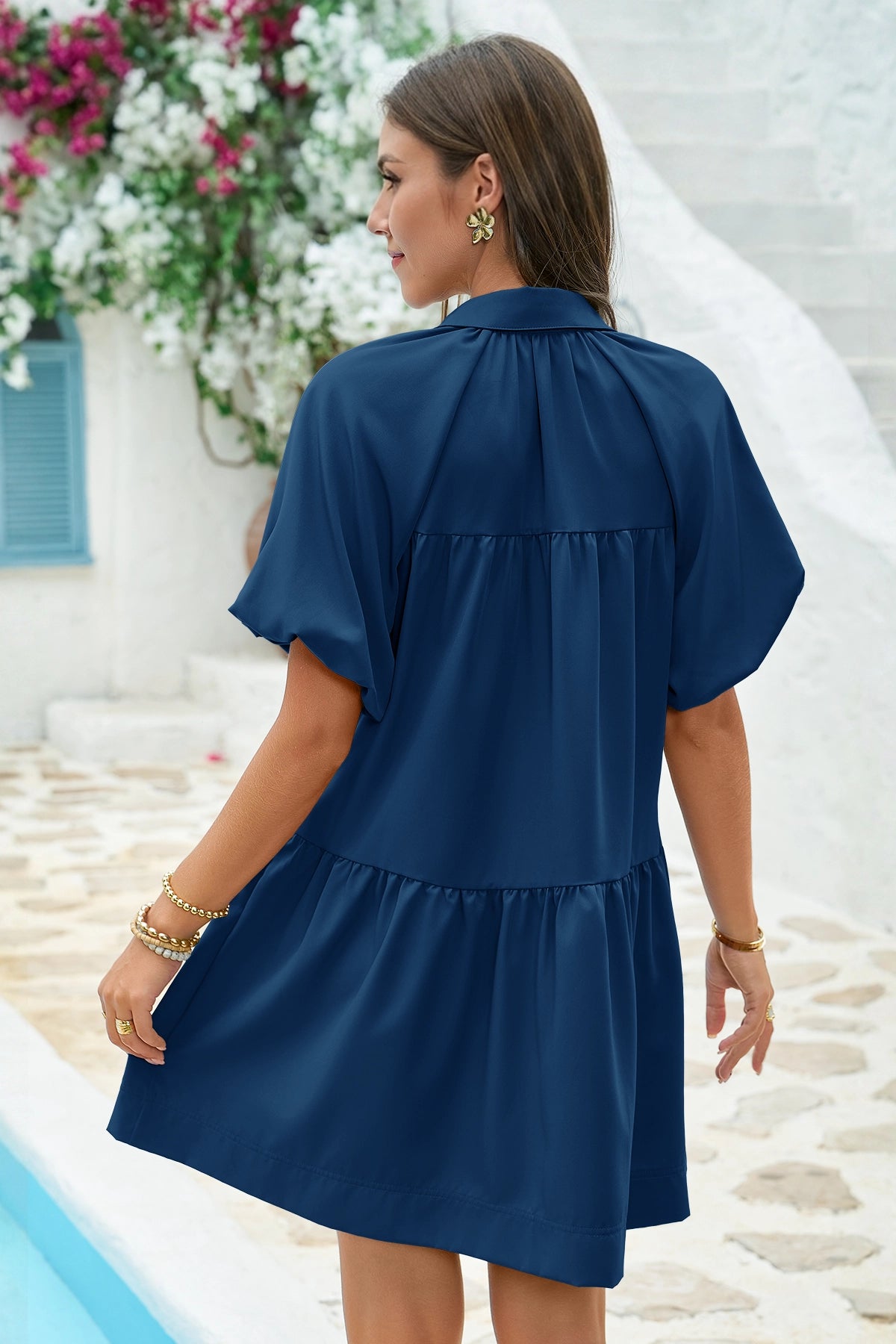 Wenrine Women's Navy Flowy Button Down Shirt Dress