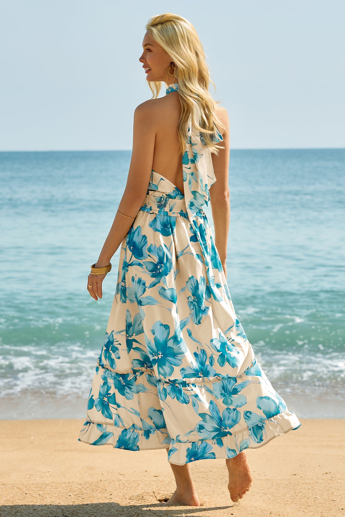 Wenrine Women's Blue Floral Halter Tie Back Maxi Sundress