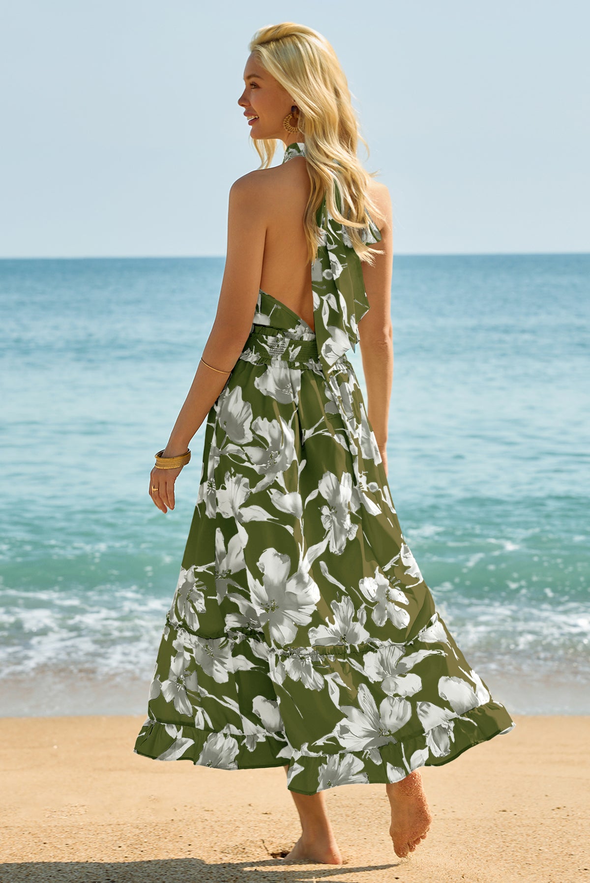 Wenrine Women's Army Green Floral Halter Tie Back Maxi Sundress