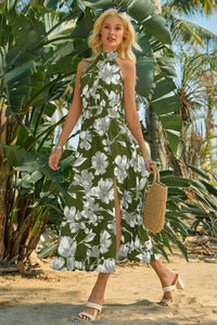 Wenrine Women's Army Green Floral Halter Tie Back Maxi Sundress