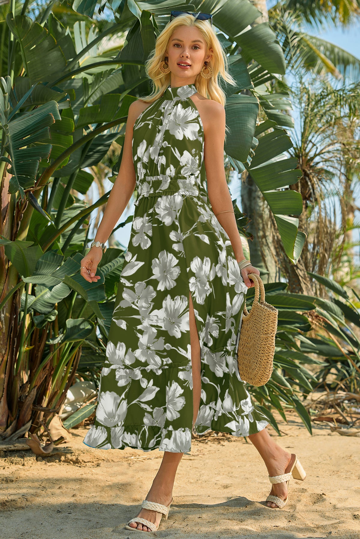 Wenrine Women's Army Green Floral Halter Tie Back Maxi Sundress