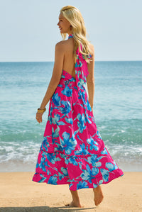 Wenrine Women's Rose Red Floral Halter Tie Back Maxi Sundress