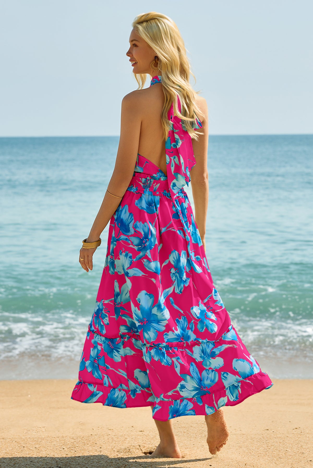 Wenrine Women's Rose Red Floral Halter Tie Back Maxi Sundress