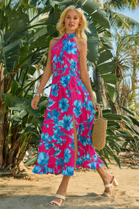Wenrine Women's Rose Red Floral Halter Tie Back Maxi Sundress
