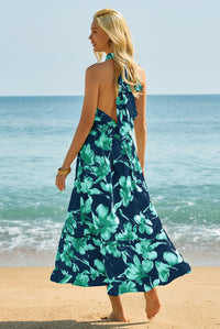 Wenrine Women's Navy Floral Halter Tie Back Maxi Sundress