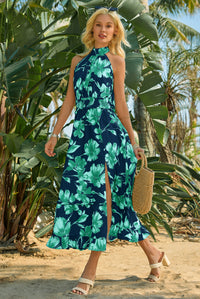 Wenrine Women's Navy Floral Halter Tie Back Maxi Sundress