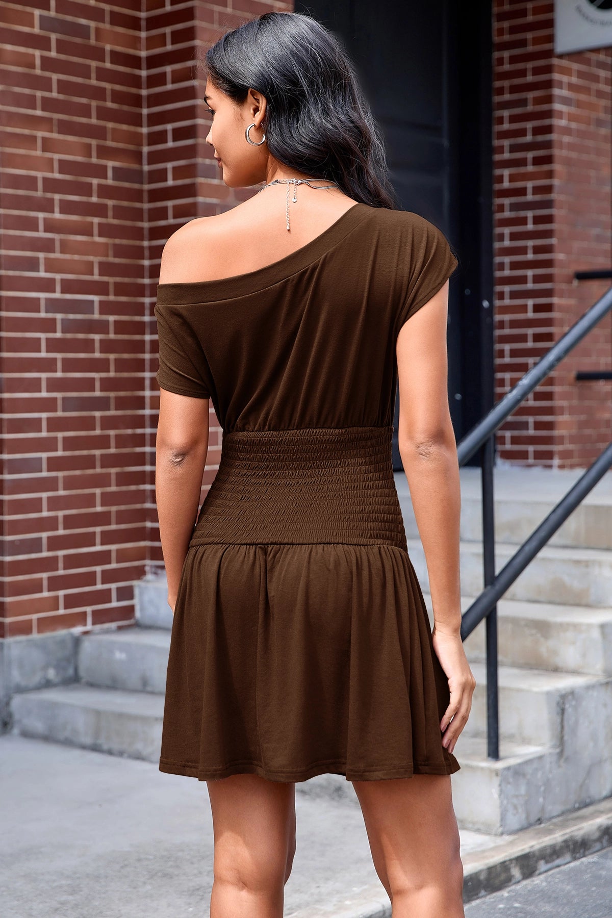 Wenrine Women's Brown Smocked Waist Mini Dress