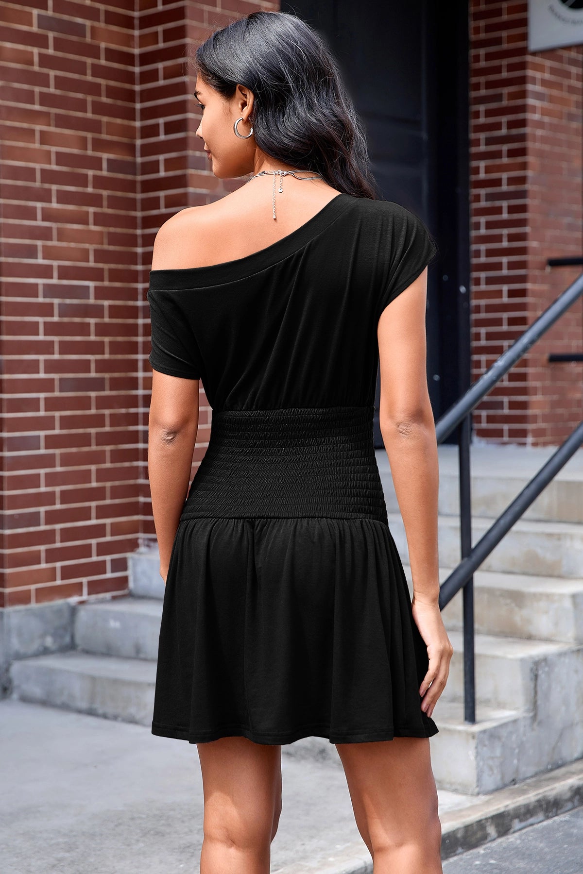 Wenrine Women's Black Smocked Waist Mini Dress