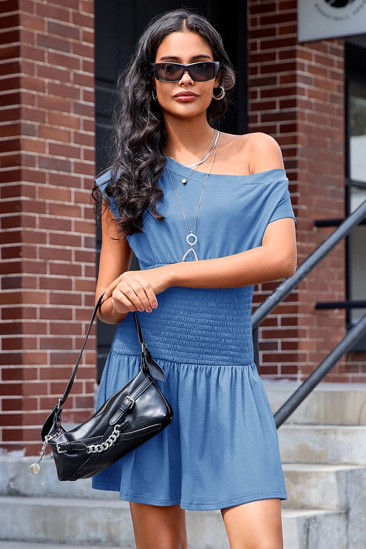 Wenrine Women's Sky Blue Smocked Waist Mini Dress