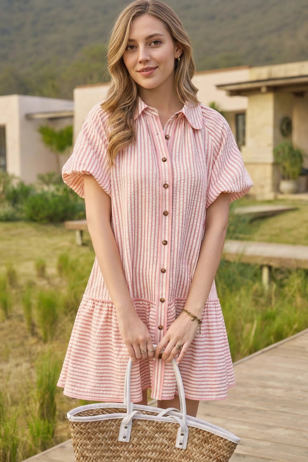 Wenrine Womens Pink Striped Button Down Shirt Dress