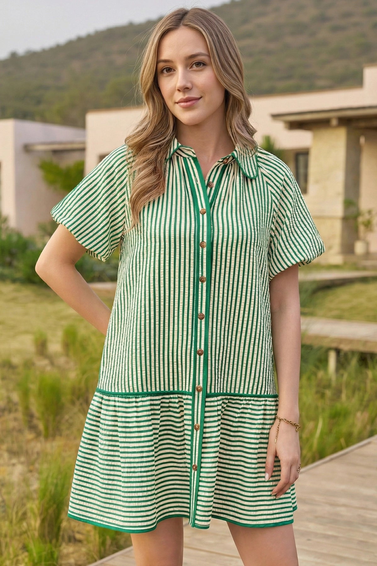 Wenrine Womens Green Striped Button Down Shirt Dress