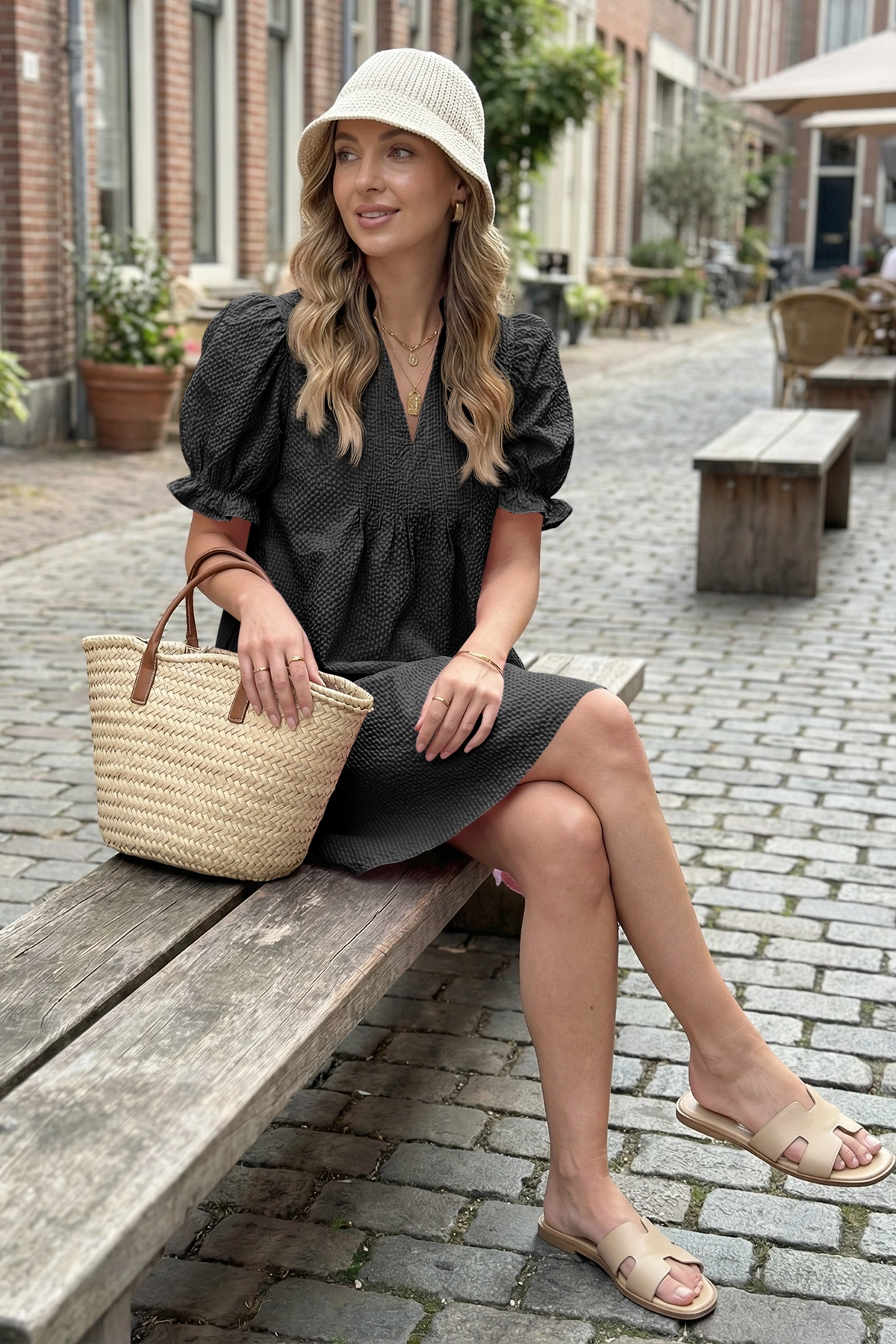 Wenrine Womens Black Summer Puff Short Sleeve Mini Dress