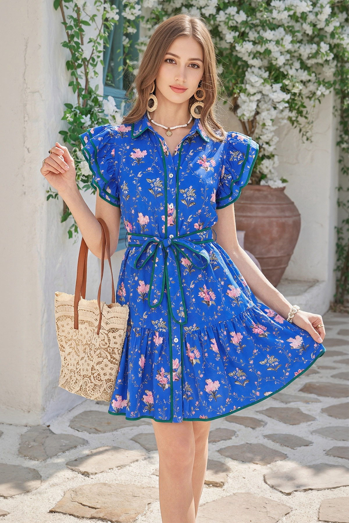 Wenrine Womens Blue Floral Flutter Sleeve Tie Waist Dress