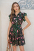 Wenrine Womens Black Floral Flutter Sleeve Tie Waist Dress