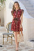 Wenrine Womens Burgundy Floral Flutter Sleeve Tie Waist Dress