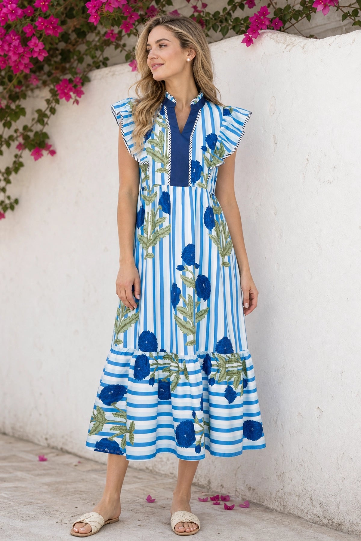 Wenrine Womens Blue Summer Cap Sleeve Floral Midi Dresses