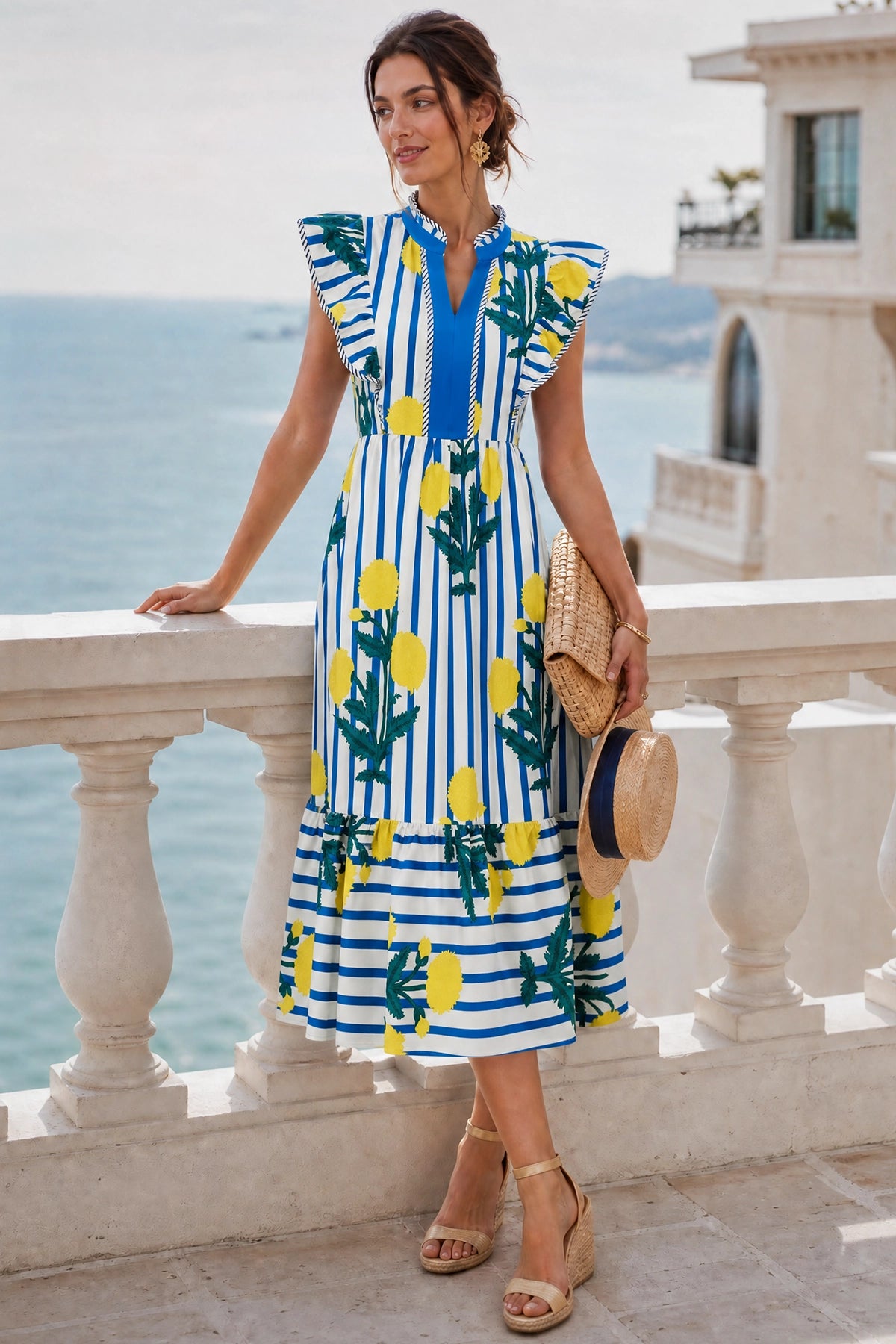 Wenrine Womens White&Blue Summer Cap Sleeve Floral Midi Dresses