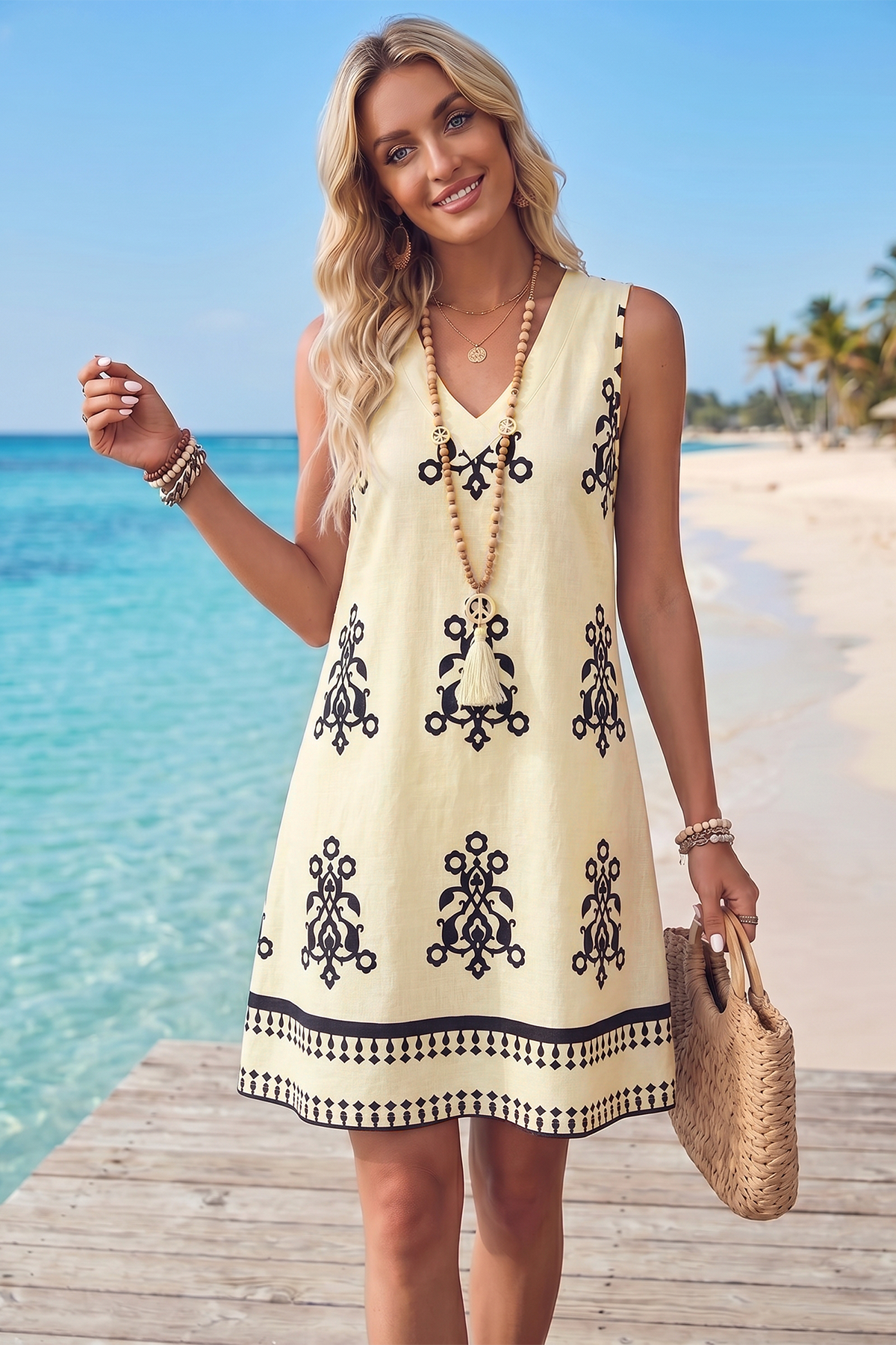 Wenrine Womens Apricot Casual V Neck Sleeveless Mini Dress