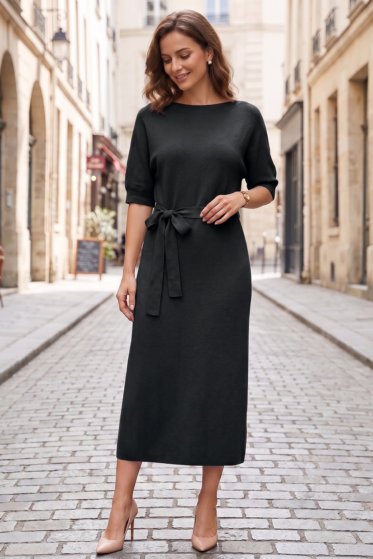 Wenrine Womens Black Sweater Midi Dress