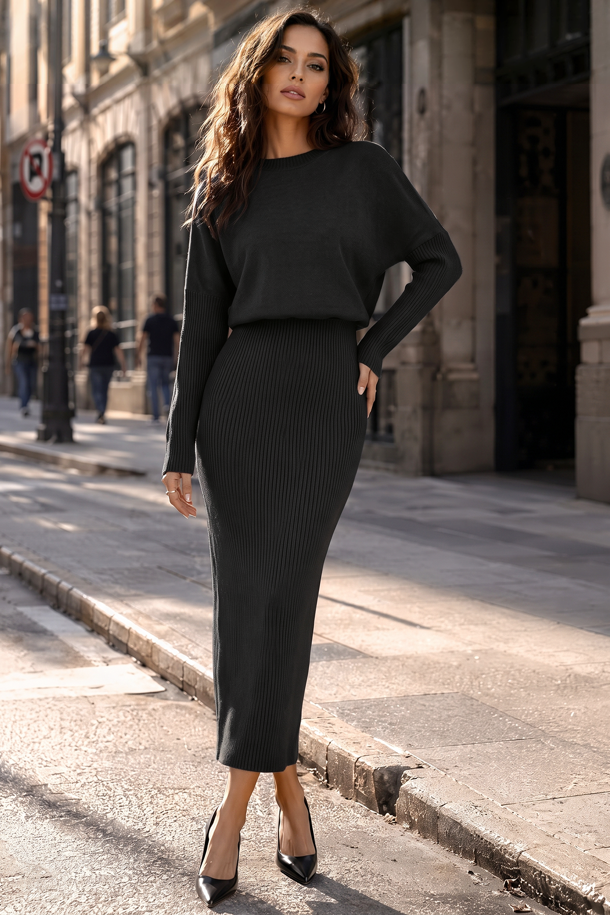 Wenrine Womens Black Long Sleeve Midi Sweater Dresses