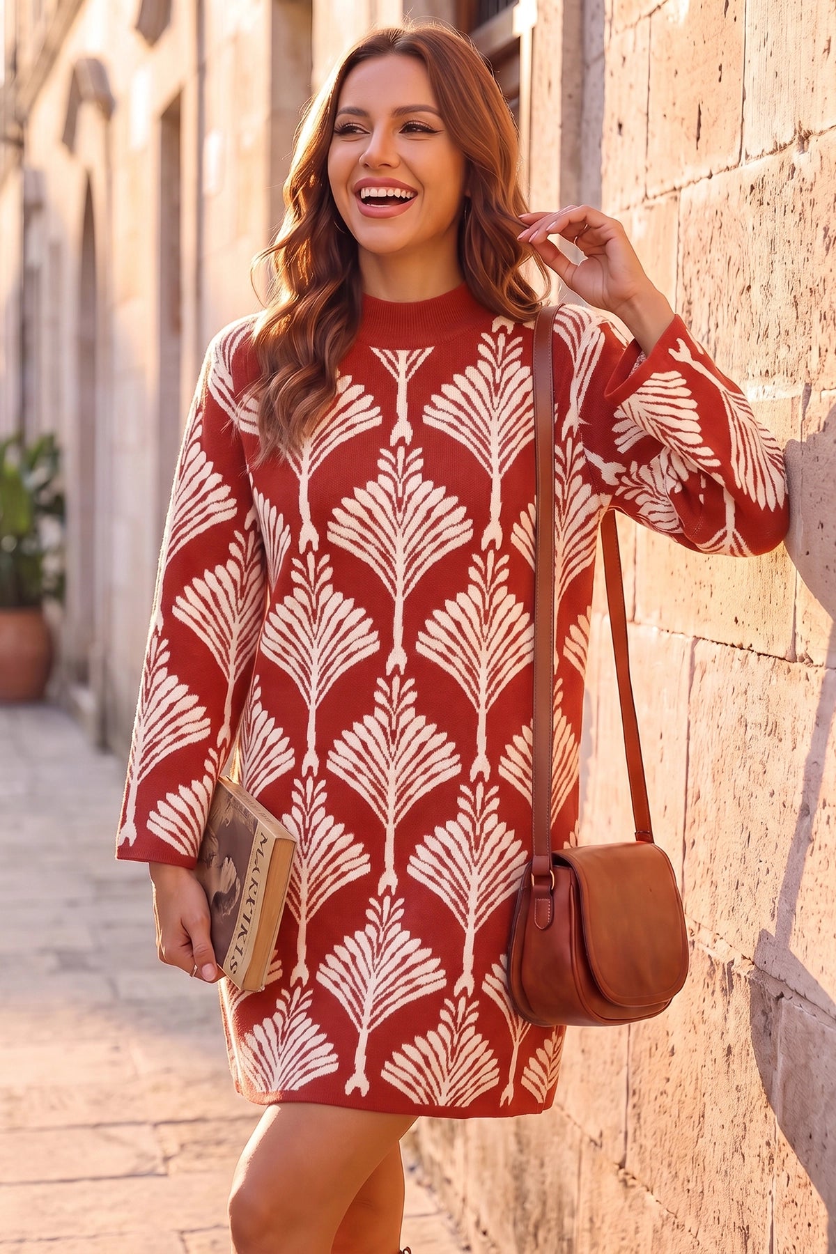 Wenrine Womens Red Floral Sweater Dresses