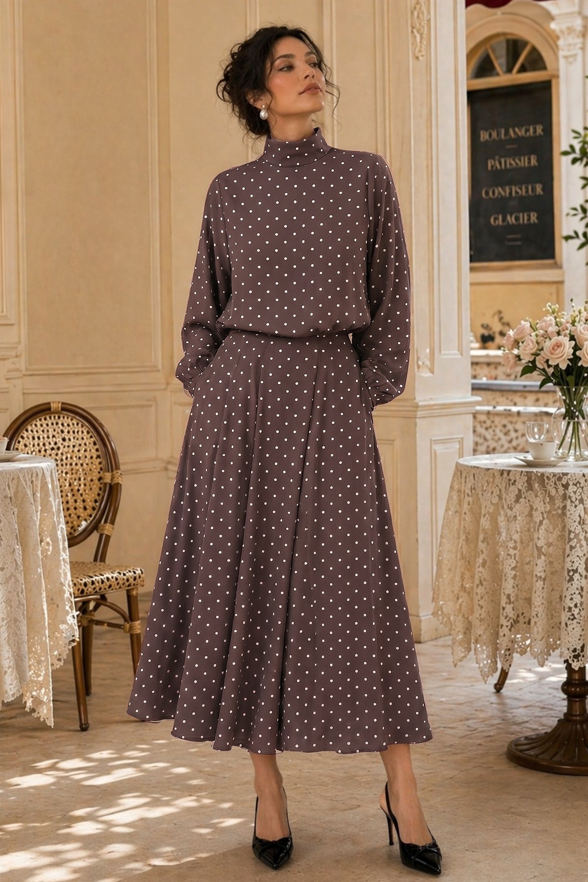 Wenrine Womens Brown Polka Dots Maxi Skirt Sets