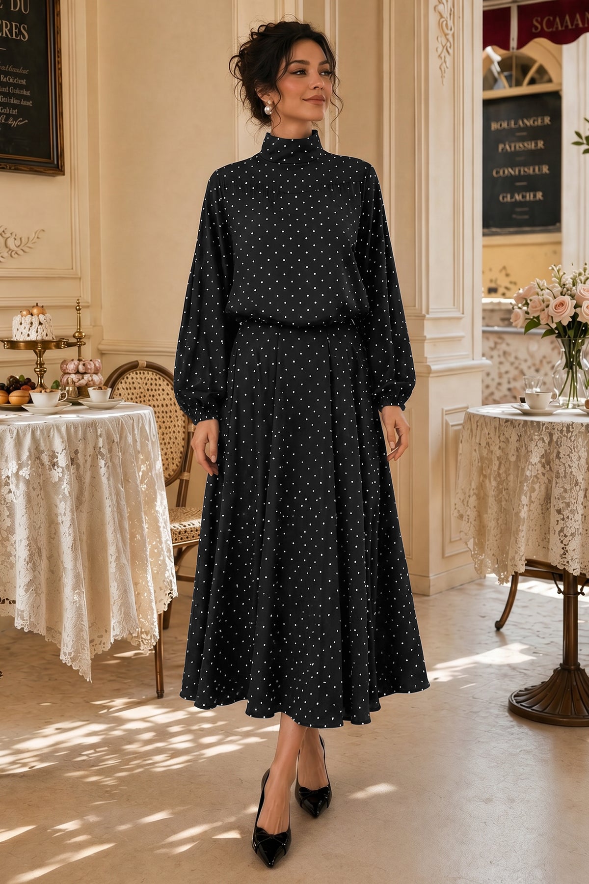 Wenrine Womens Black Polka Dots Maxi Skirt Sets