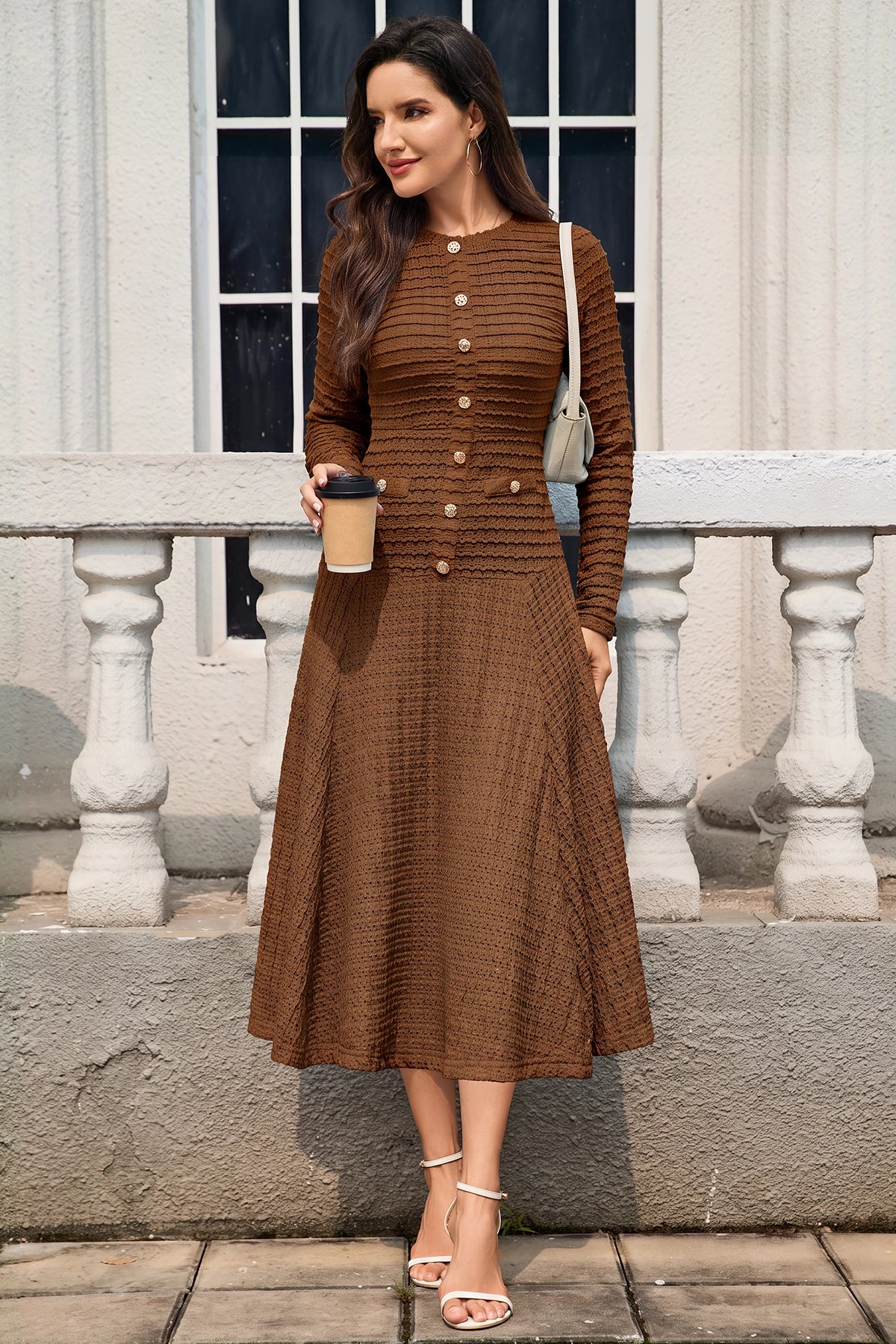 Wenrine Womens Brown Textured A Line Dresses