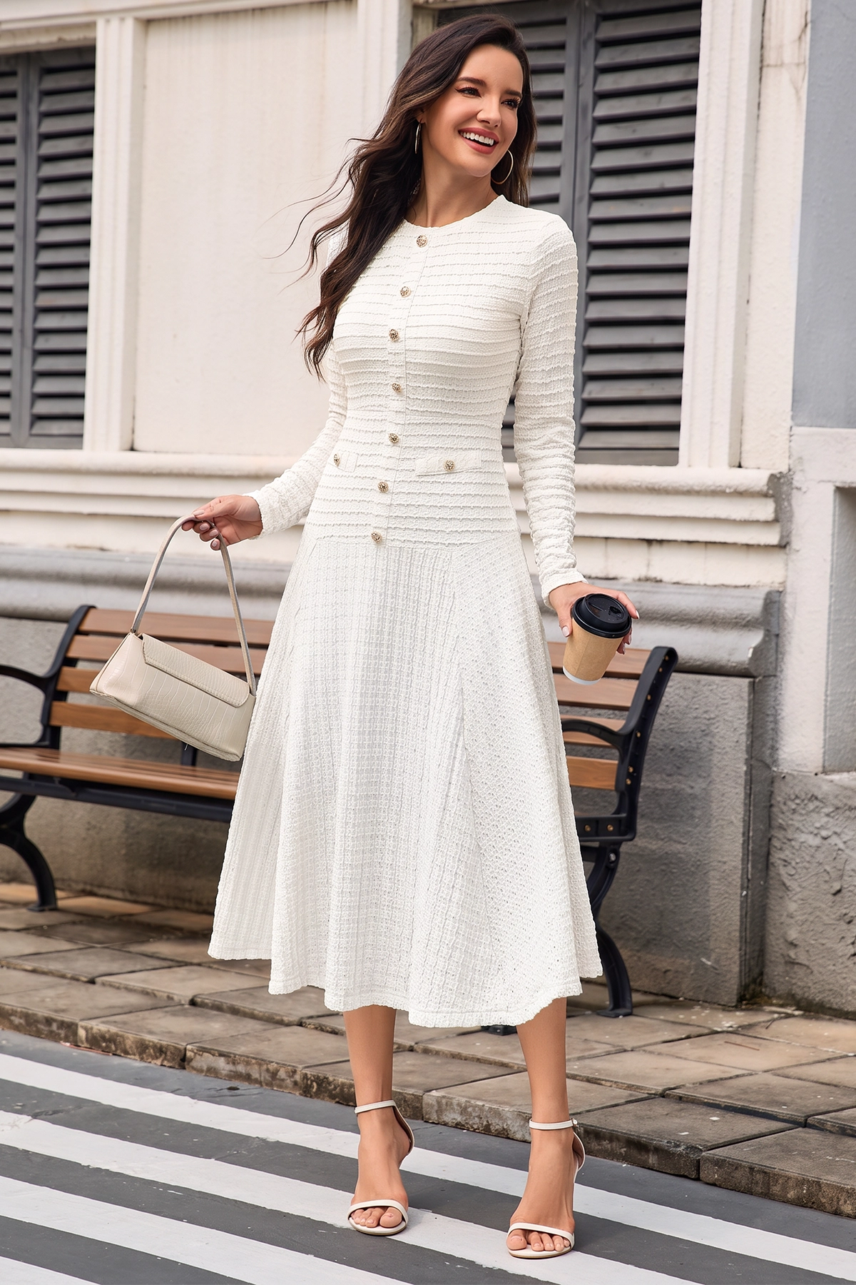 Wenrine Womens White Textured A Line Dresses