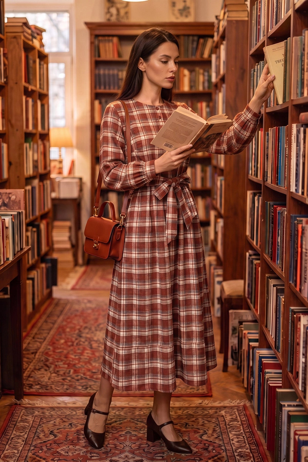 Wenrine Womens Red&Brown Plaid Midi Dress