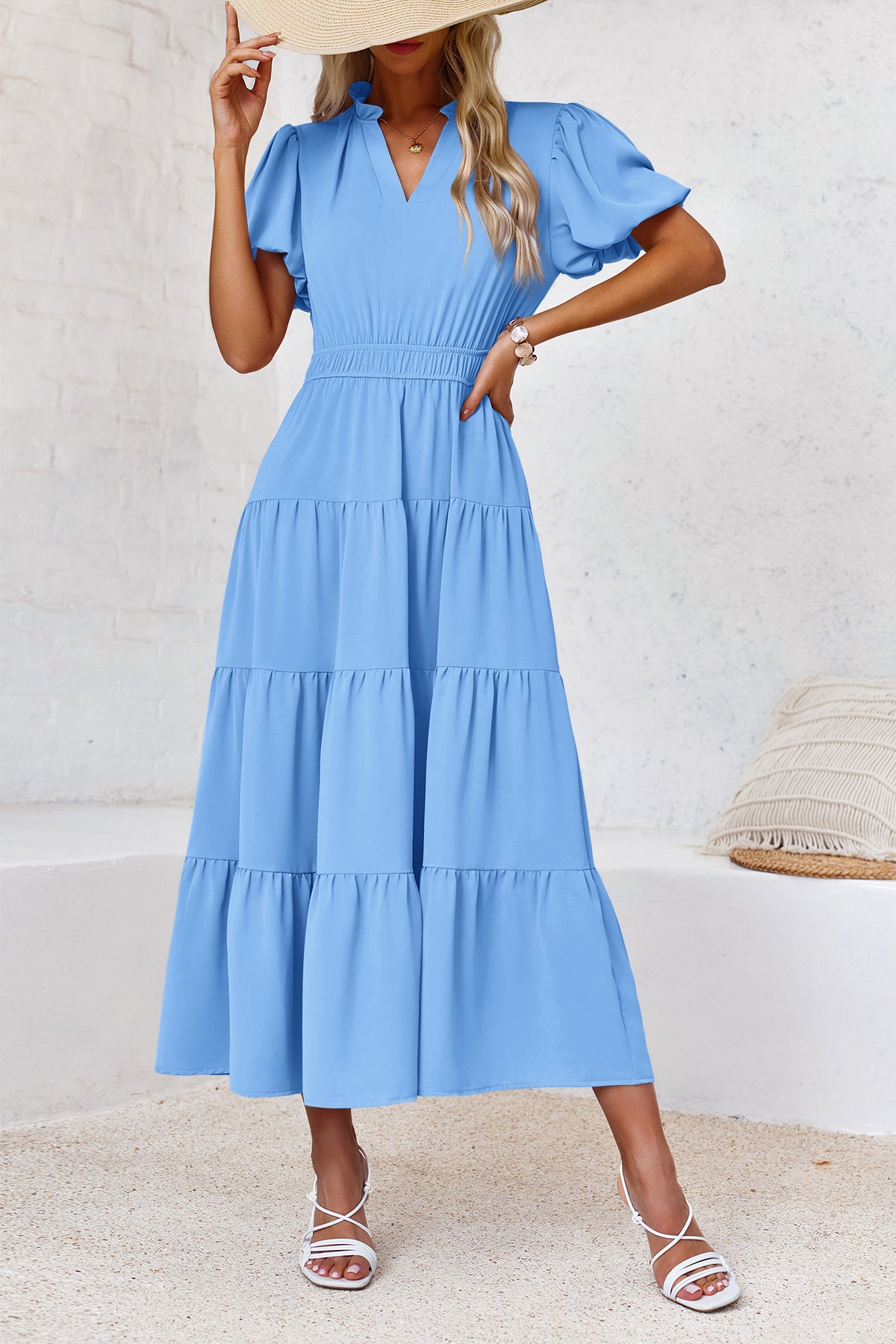 Wenrine Womens Light Blue Flowy Tiered  Midi Dress