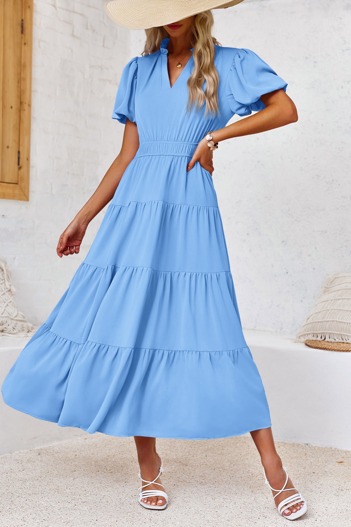Wenrine Womens Light Blue Flowy Tiered  Midi Dress
