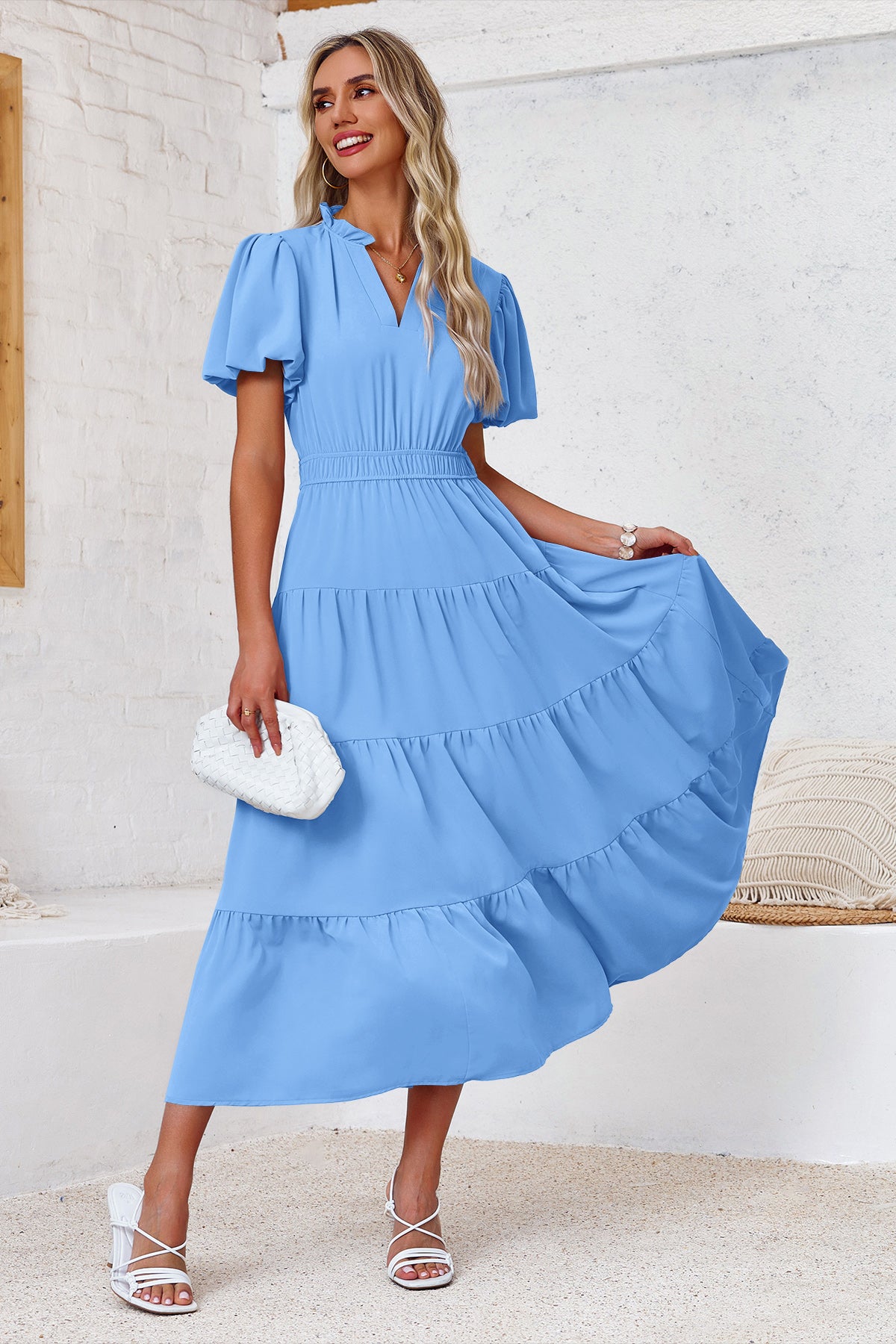 Wenrine Womens Light Blue Flowy Tiered  Midi Dress