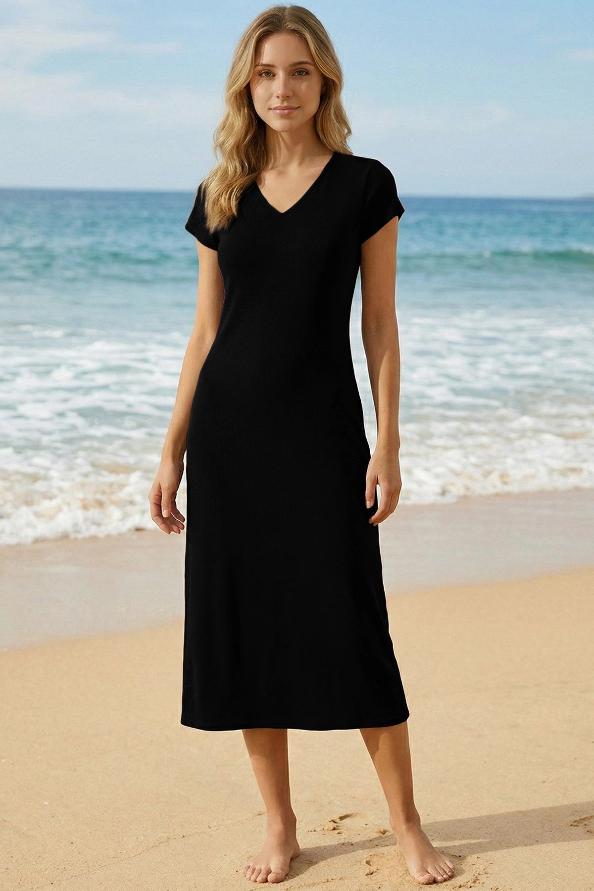 Wenrine Womens Black Short Sleeve T-Shirt Dress