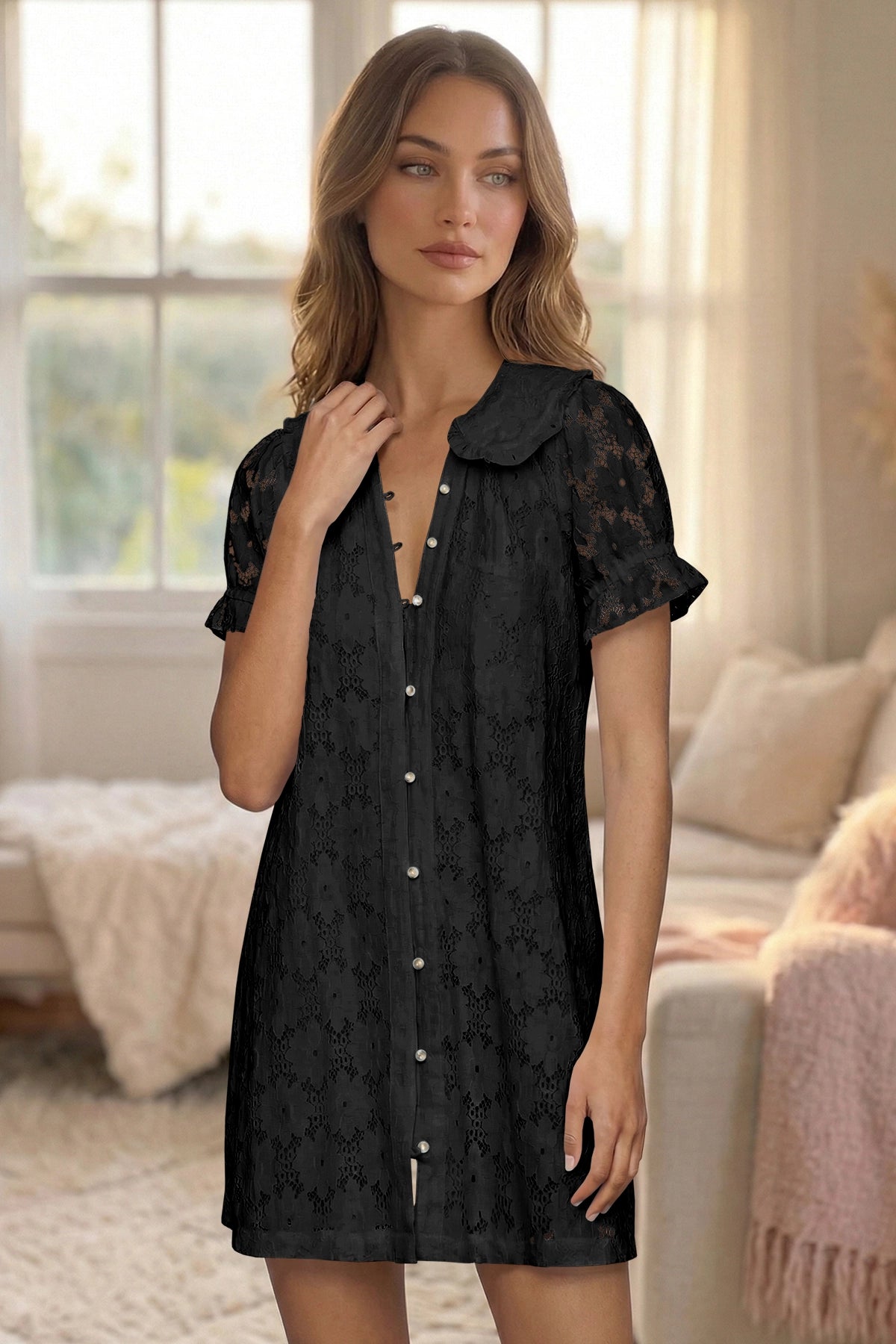 Wenrine Womens Black Short Sleeve Lace Mini Dress
