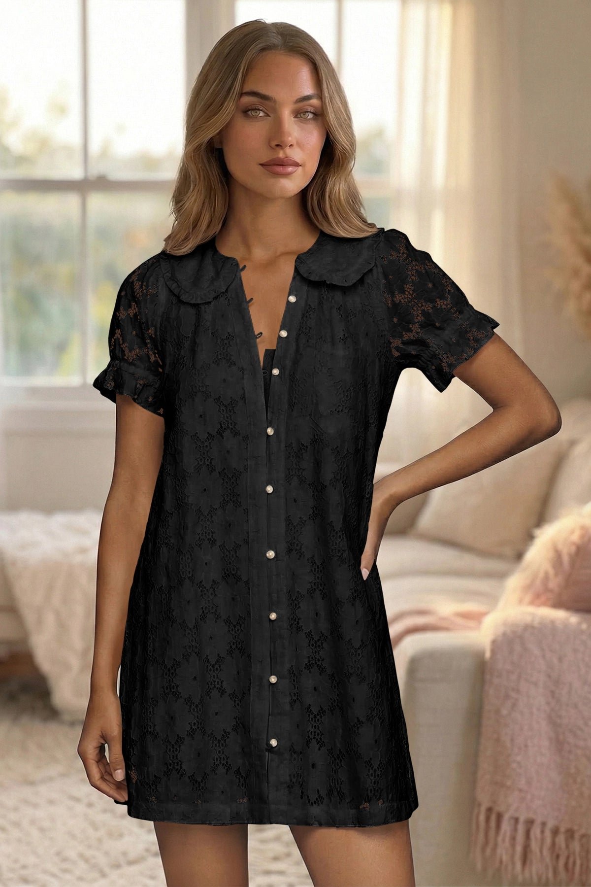 Wenrine Womens Black Short Sleeve Lace Mini Dress