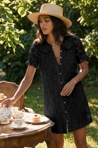 Wenrine Womens Black Short Sleeve Lace Mini Dress