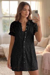 Wenrine Womens Black Short Sleeve Lace Mini Dress