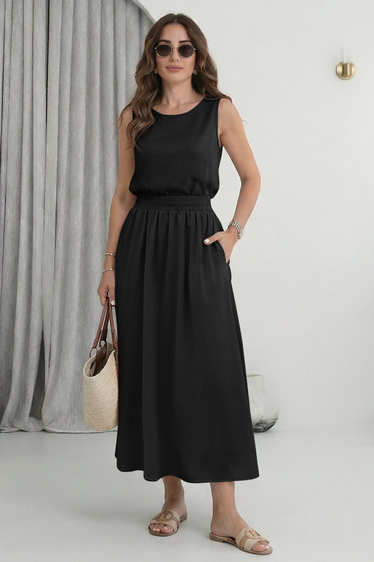 Wenrine Womens Black Casual Sleeveless 2 Piece Skirt Sets