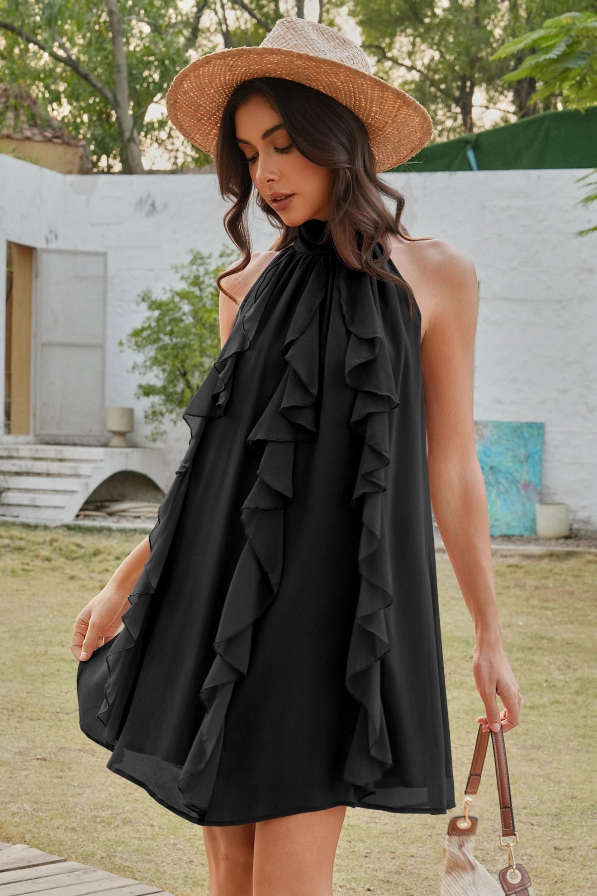 Wenrine Womens Black Halter Ruffle Mini Dress