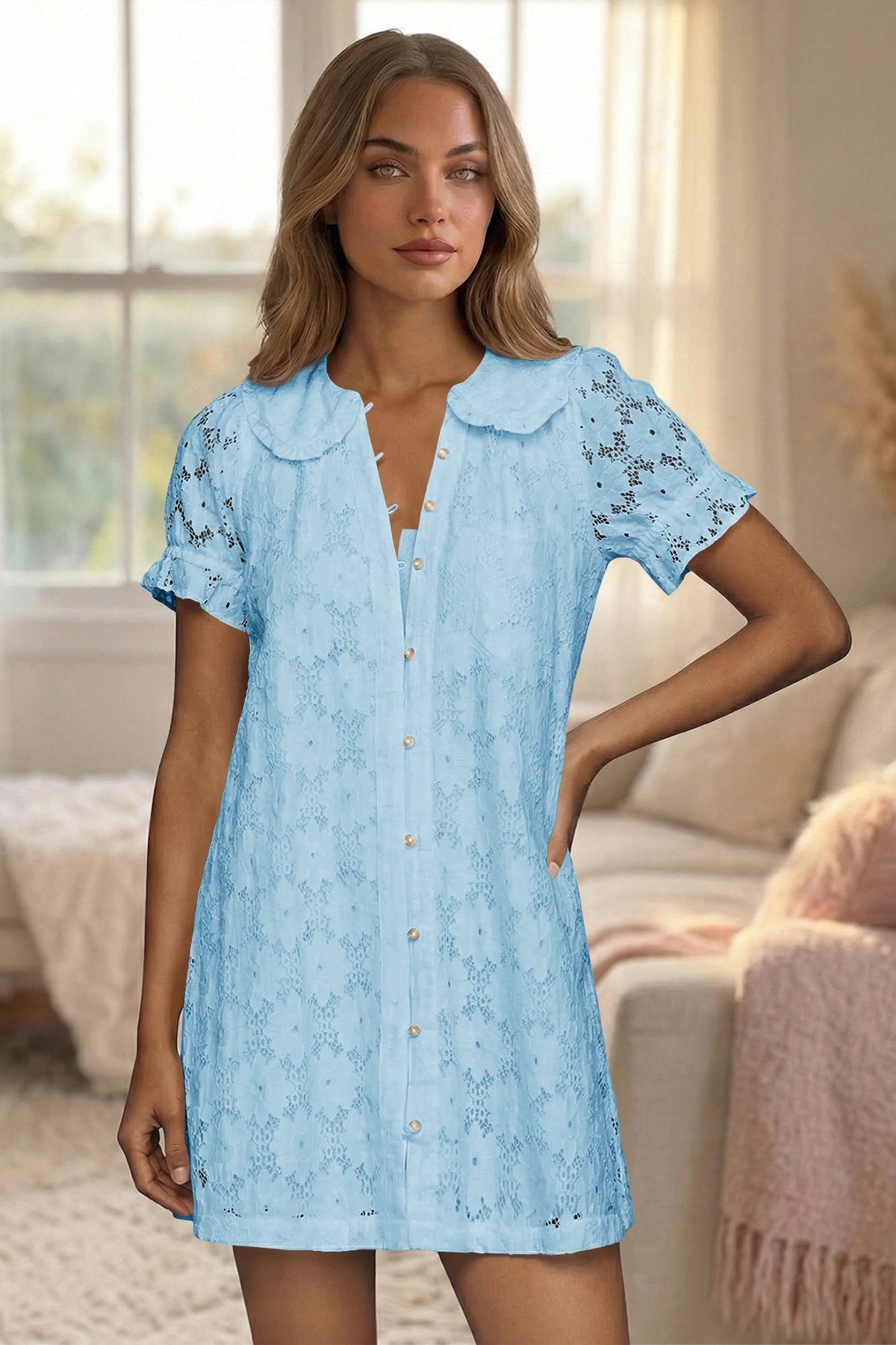 Wenrine Womens Blue Short Sleeve Lace Mini Dress