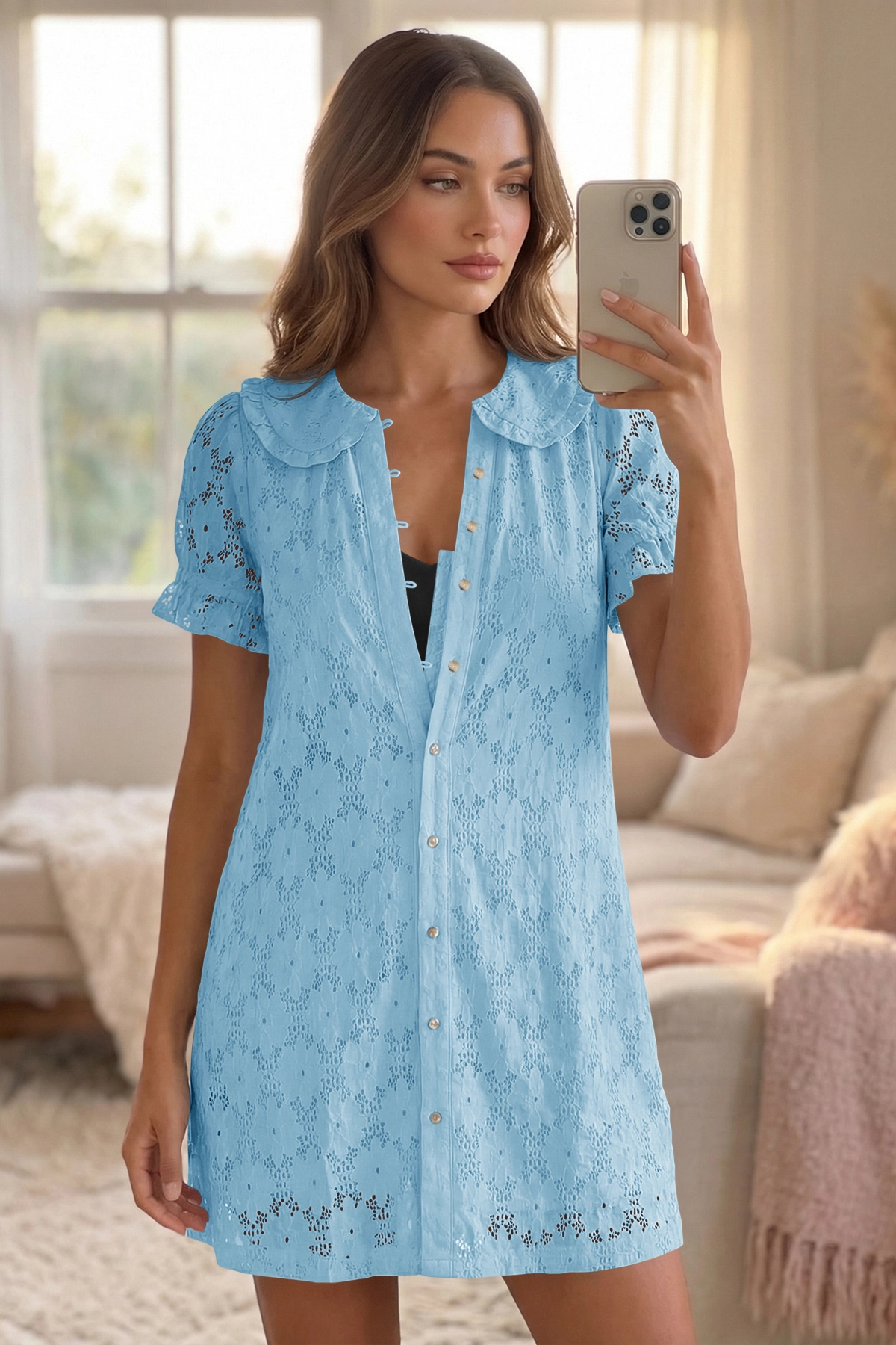 Wenrine Womens Blue Short Sleeve Lace Mini Dress