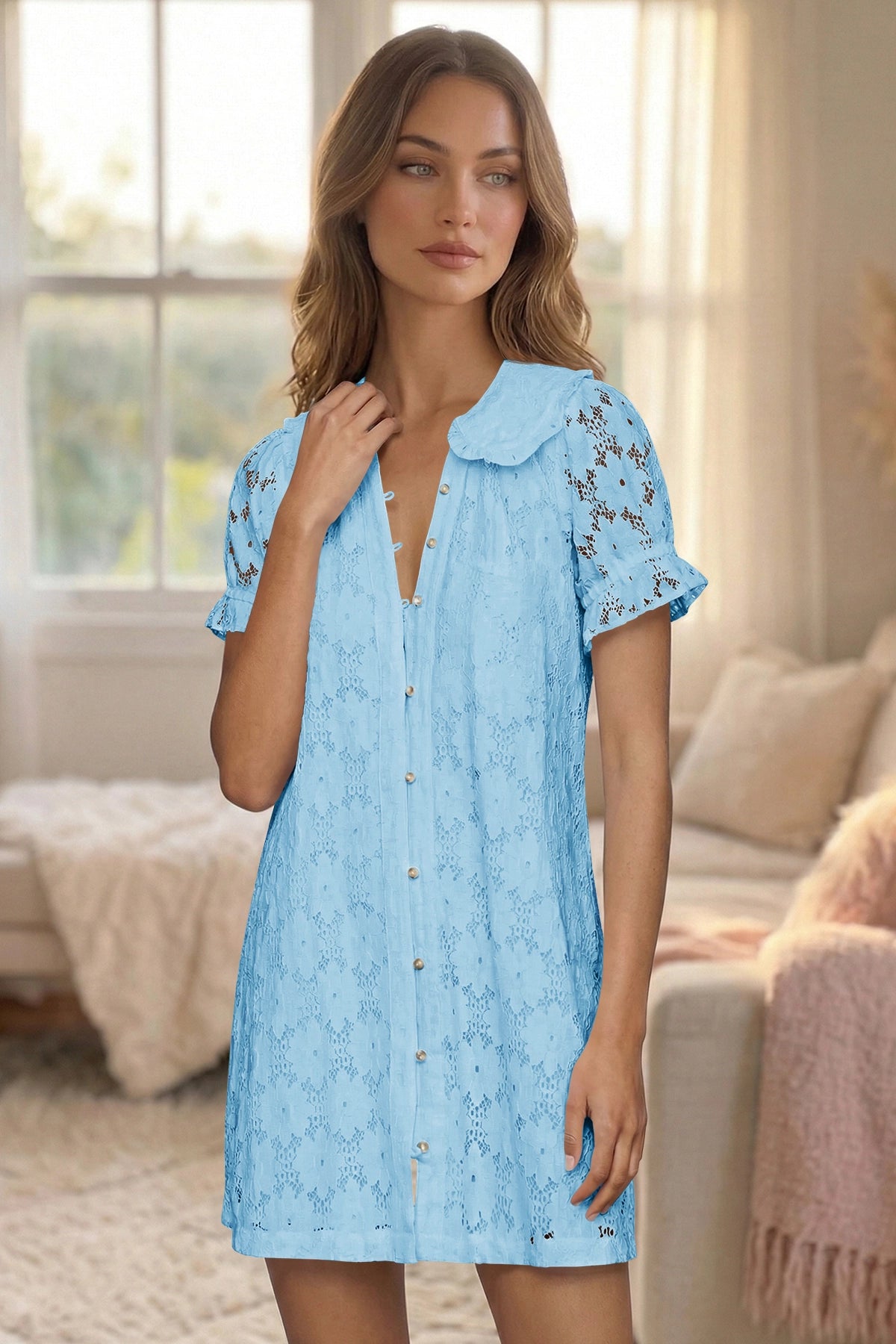 Wenrine Womens Blue Short Sleeve Lace Mini Dress