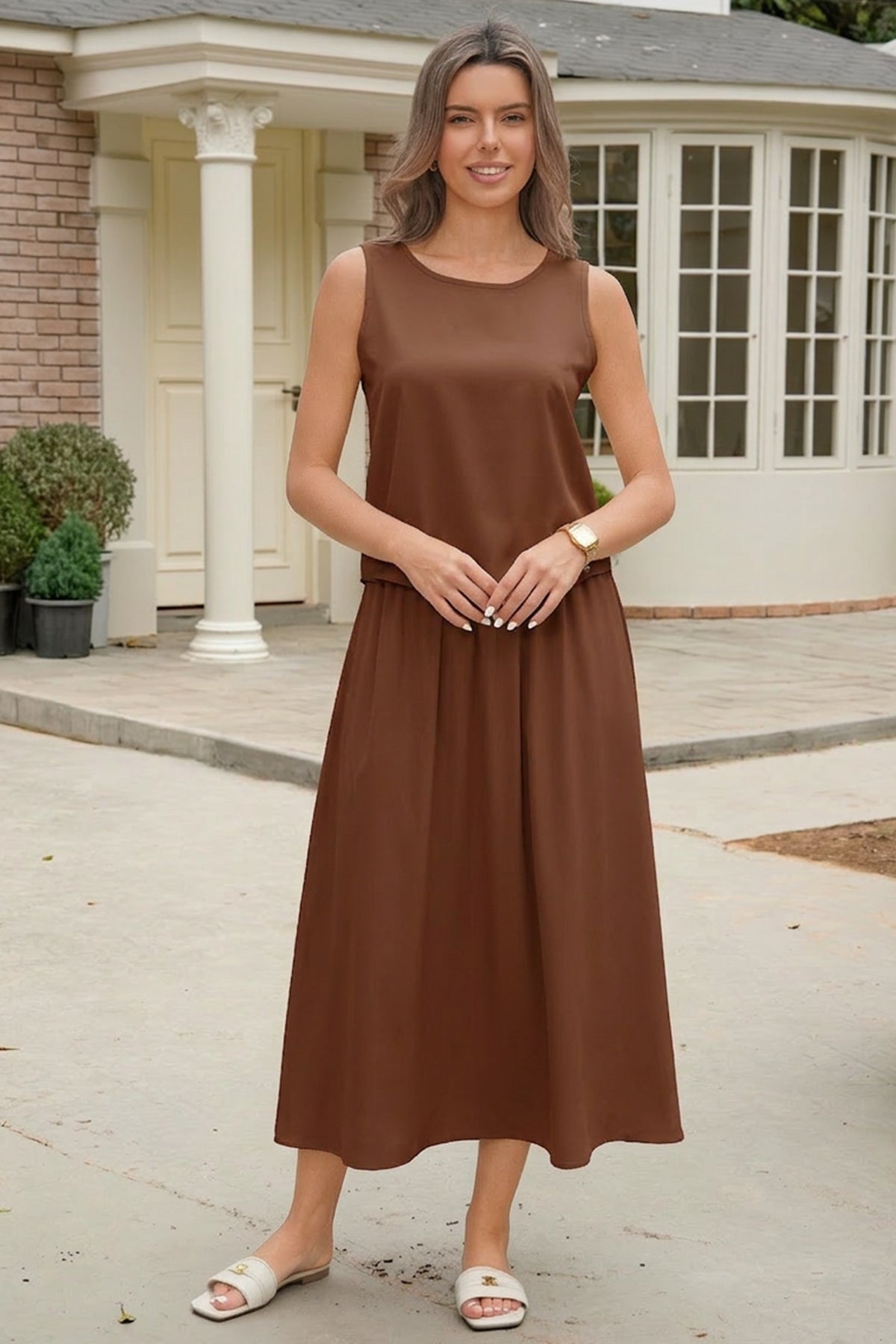 Wenrine Womens Brown Casual Sleeveless 2 Piece Skirt Sets