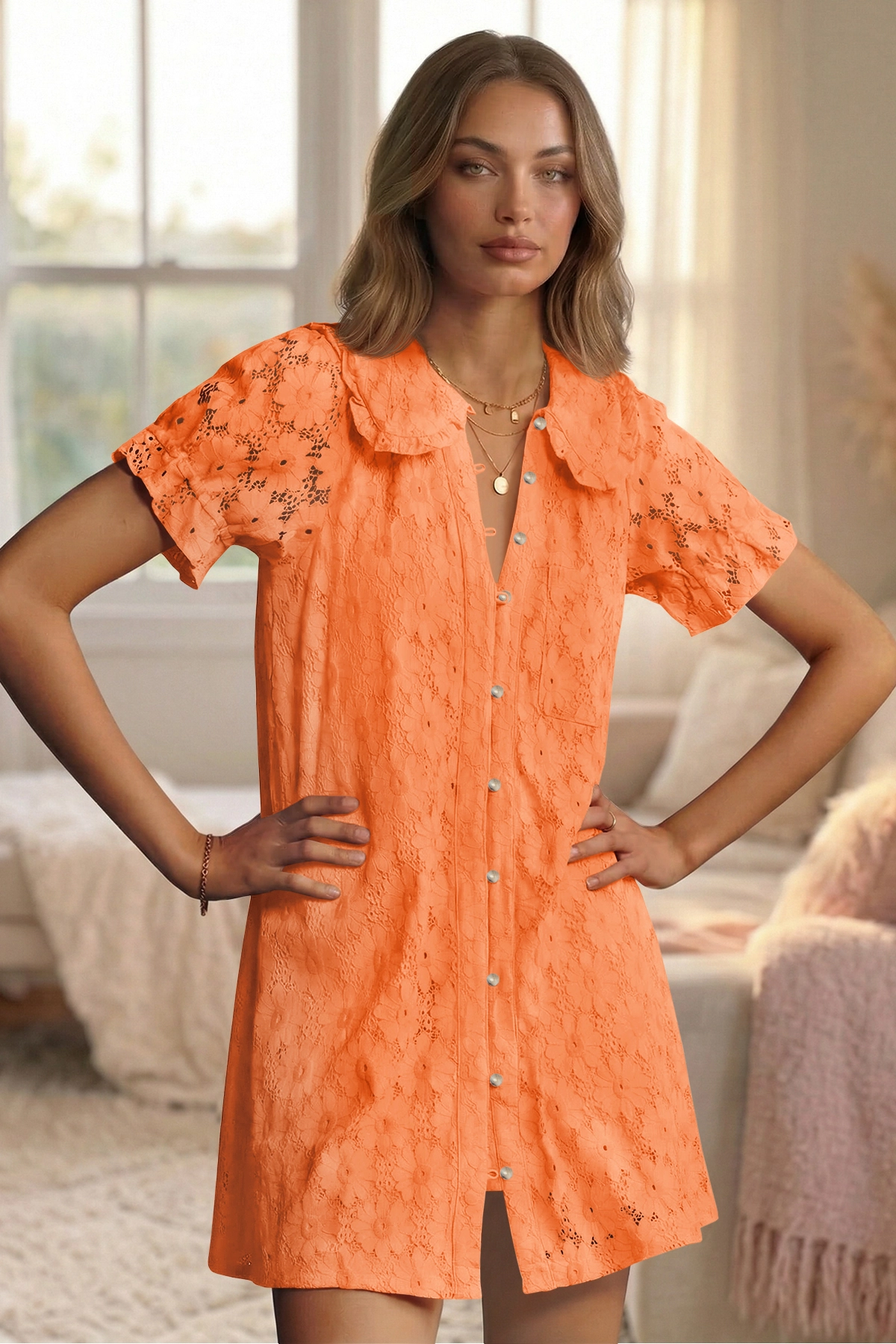 Wenrine Womens Orange Short Sleeve Lace Mini Dress