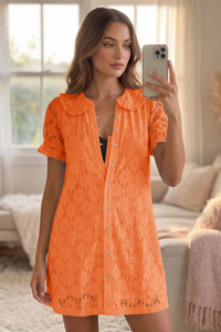 Wenrine Womens Orange Short Sleeve Lace Mini Dress