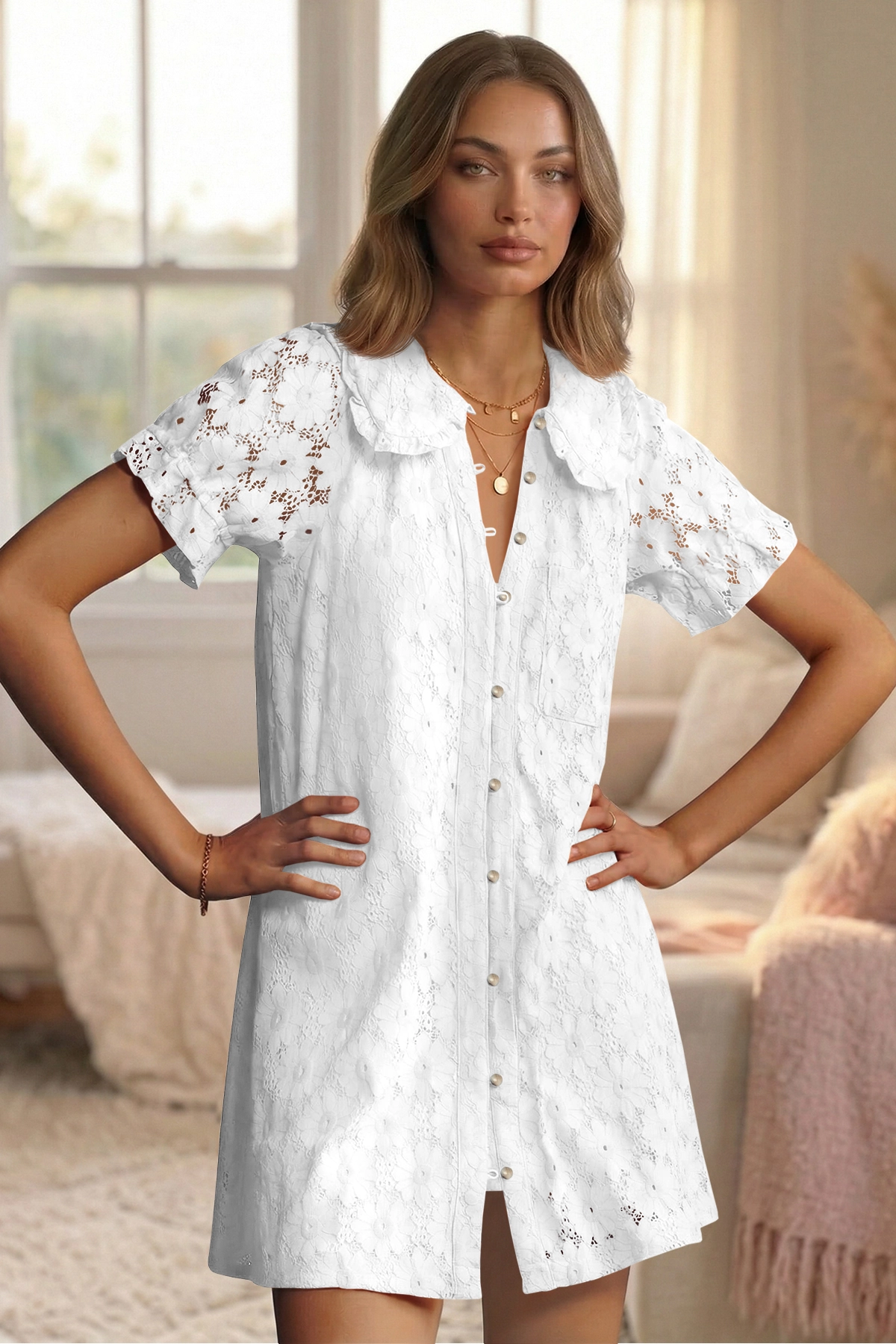 Wenrine Womens White Short Sleeve Lace Mini Dress